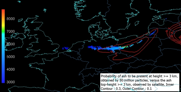 Probability of presence of ash over the Europe in occurrence of Eyjafjallajökull eruption